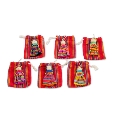 Adornos de algodón, 'Muñecas preocupantes' (juego de 6) - Conjunto de 6 adornos de muñecas preocupantes guatemaltecos hechos a mano