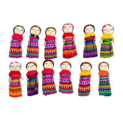Cotton worry dolls, 'Country Beauties' (set of 12) - Twelve Cotton Worry Dolls with a Pinewood Box from Guatemala