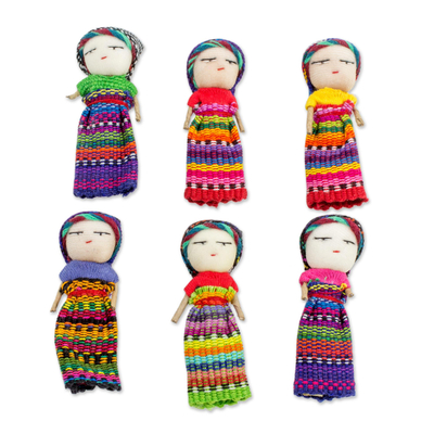 Muñecos de preocupación en caja (juego de 6) - Seis muñecos de algodón y cajas de madera de pino de Guatemala
