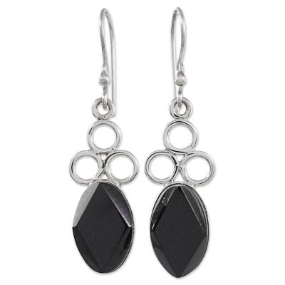 Jade dangle earrings, 'Jade Trinity in Black' - Black Jade Sterling Silver Dangle Earrings Guatemala