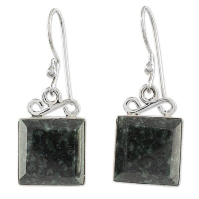 Jade dangle earrings, 'Smooth Sailing in Dark Green' - Green Jade Sterling Silver Dangle Earrings Guatemala