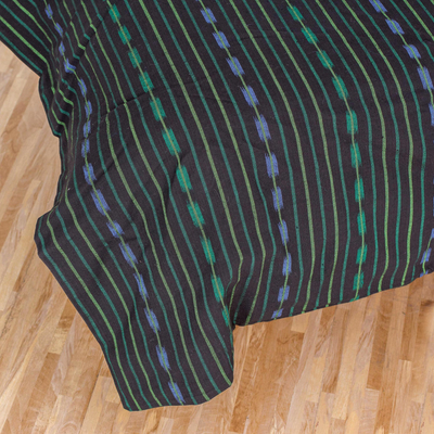 Bettbezug aus Baumwolle - Gestreifter Bettbezug aus Baumwolle in Schwarz und Grün aus Guatemala