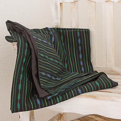Cotton duvet cover, 'Striped Night' - Striped Cotton Duvet Cover in Black and Green from Guatemala