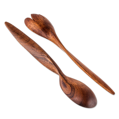 Servidores de ensalada de madera de caoba, 'Twist of Nature' - Servidores de ensalada de cuchara y tenedor de madera de caoba tallada a mano