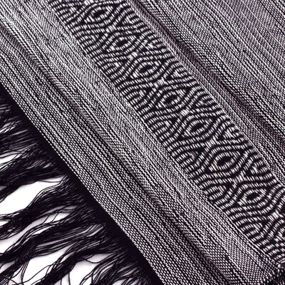 Cotton scarf, 'Mesmerizing Black White' - Hand Woven Scarf from Guatemala in Black and White