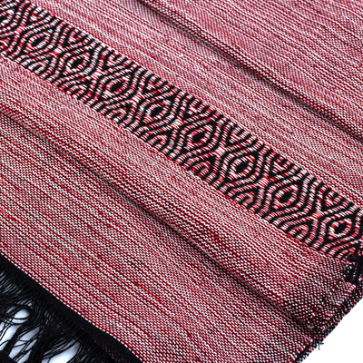 Baumwollschal - Baumwollschal in Rot, Weiß und Schwarz, handgewebt in Guatemala