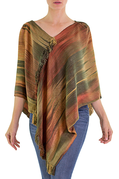 Hand Woven Ginger Rayon Poncho from Guatemala