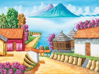 Colorful Signed Oil Painting of Lake Atitlan