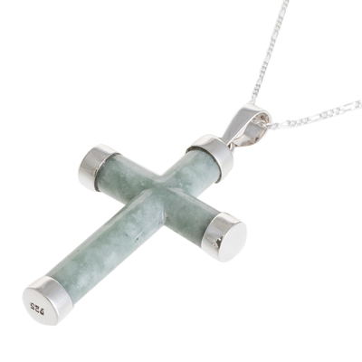 Jade pendant necklace, 'Green Mayan Cross' - Sterling Silver Green Jade Pendant Necklace from Guatemala