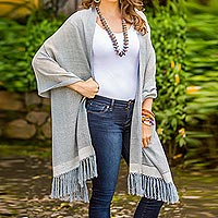 Cotton shawl, 'Natural Combination in Blue' - Blue and Ivory Cotton Shawl Fringe from Guatemala