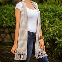 Cotton scarf, 'Natural Combination in Blue' - Pale Ecru and Blue Spruce Cotton Scarf from Guatemala