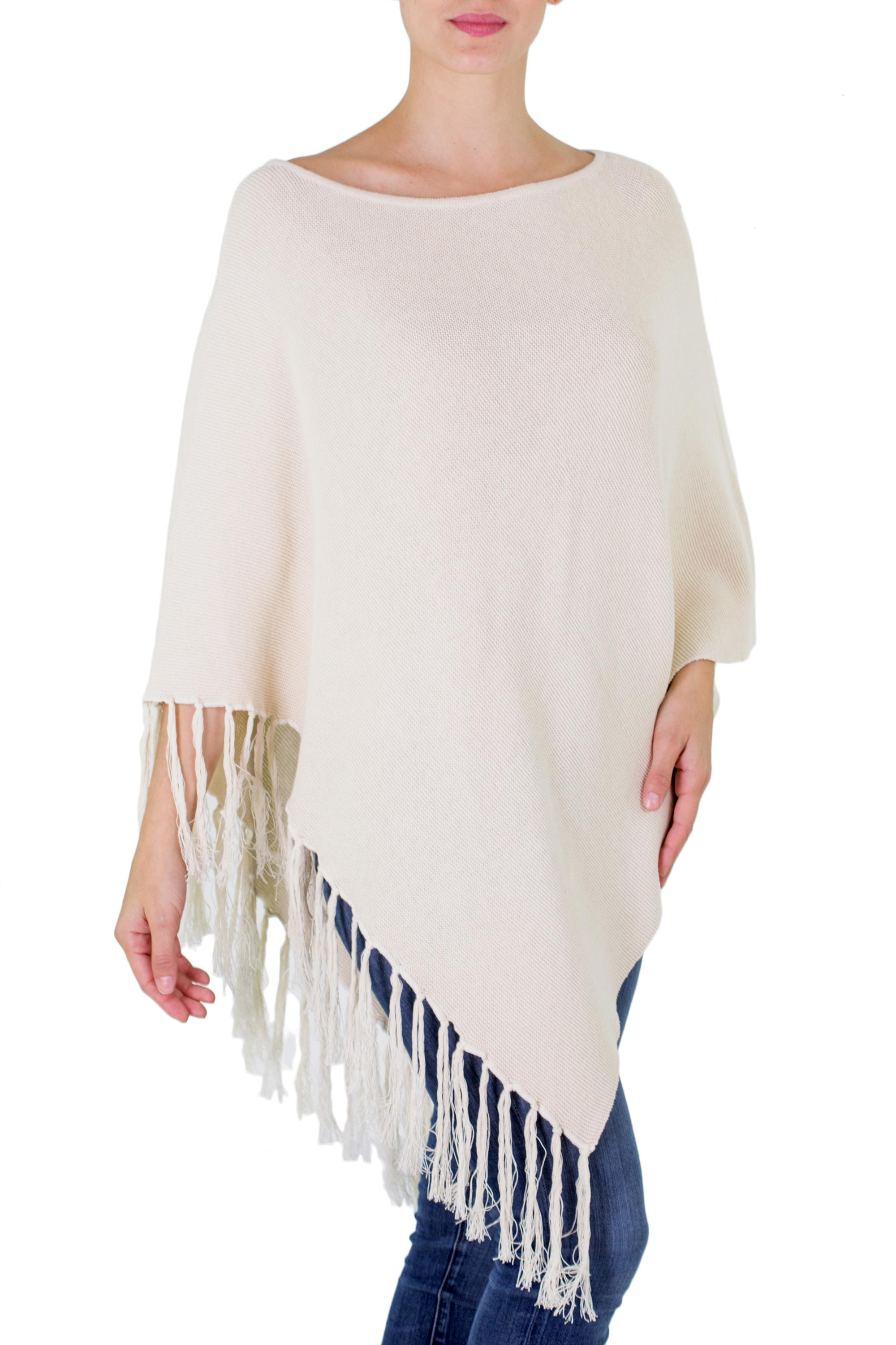 Cotton Poncho with Fringe Ivory Color from Guatemala - Spontaneous ...