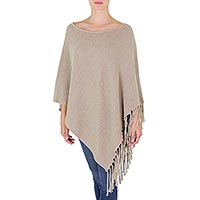 Cotton poncho, 'Spontaneous Style in Khaki' - Cotton Poncho with Fringe Beige Colored from Guatemala