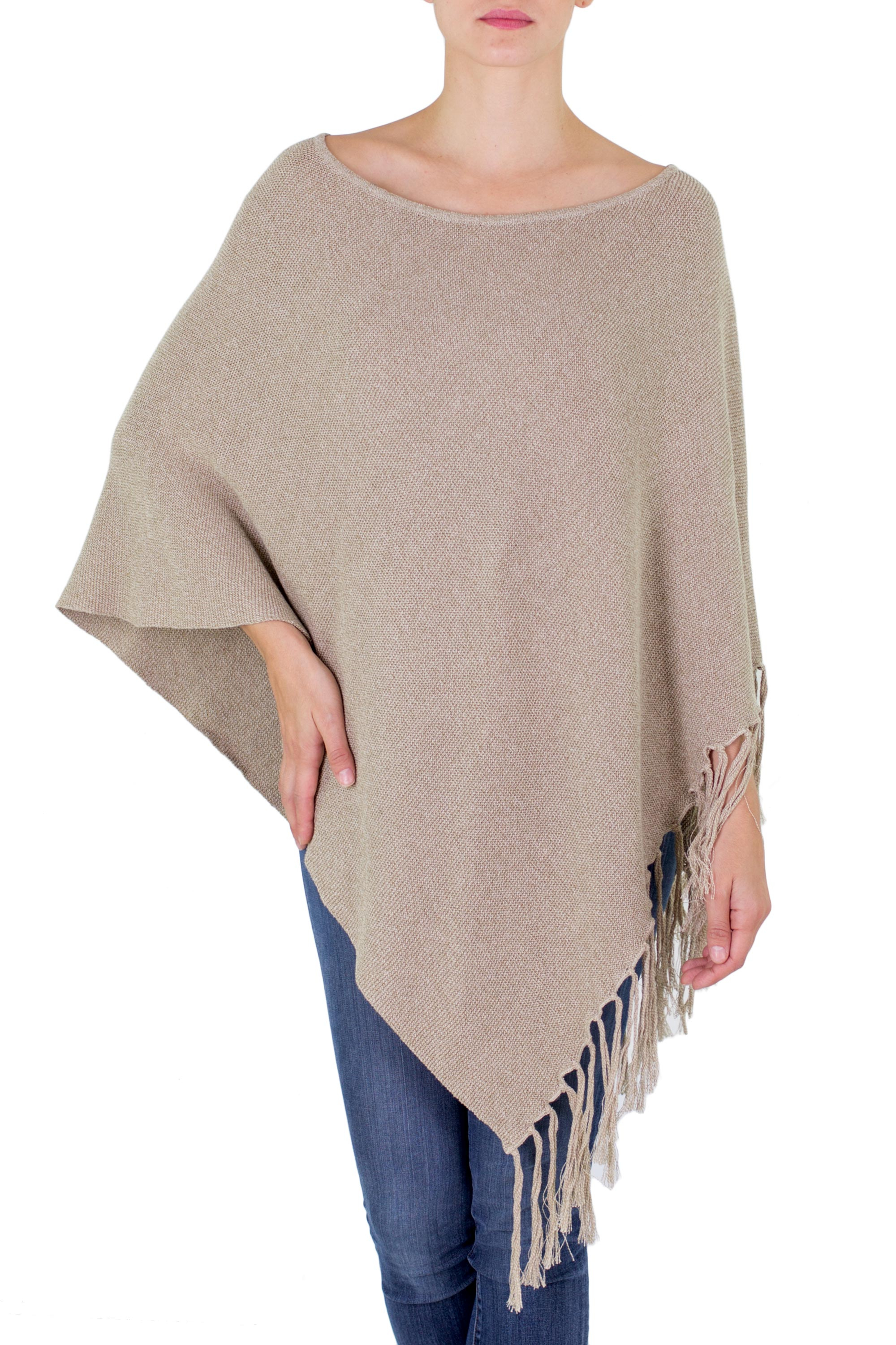 Cotton Poncho with Fringe Beige Colored from Guatemala - Spontaneous ...