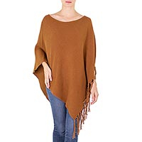 Cotton poncho, 'Spontaneous Style in Sepia' - Gingerbread Color Cotton Poncho with Fringe
