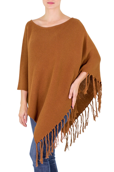Gingerbread Color Cotton Poncho with Fringe - Spontaneous Style in ...