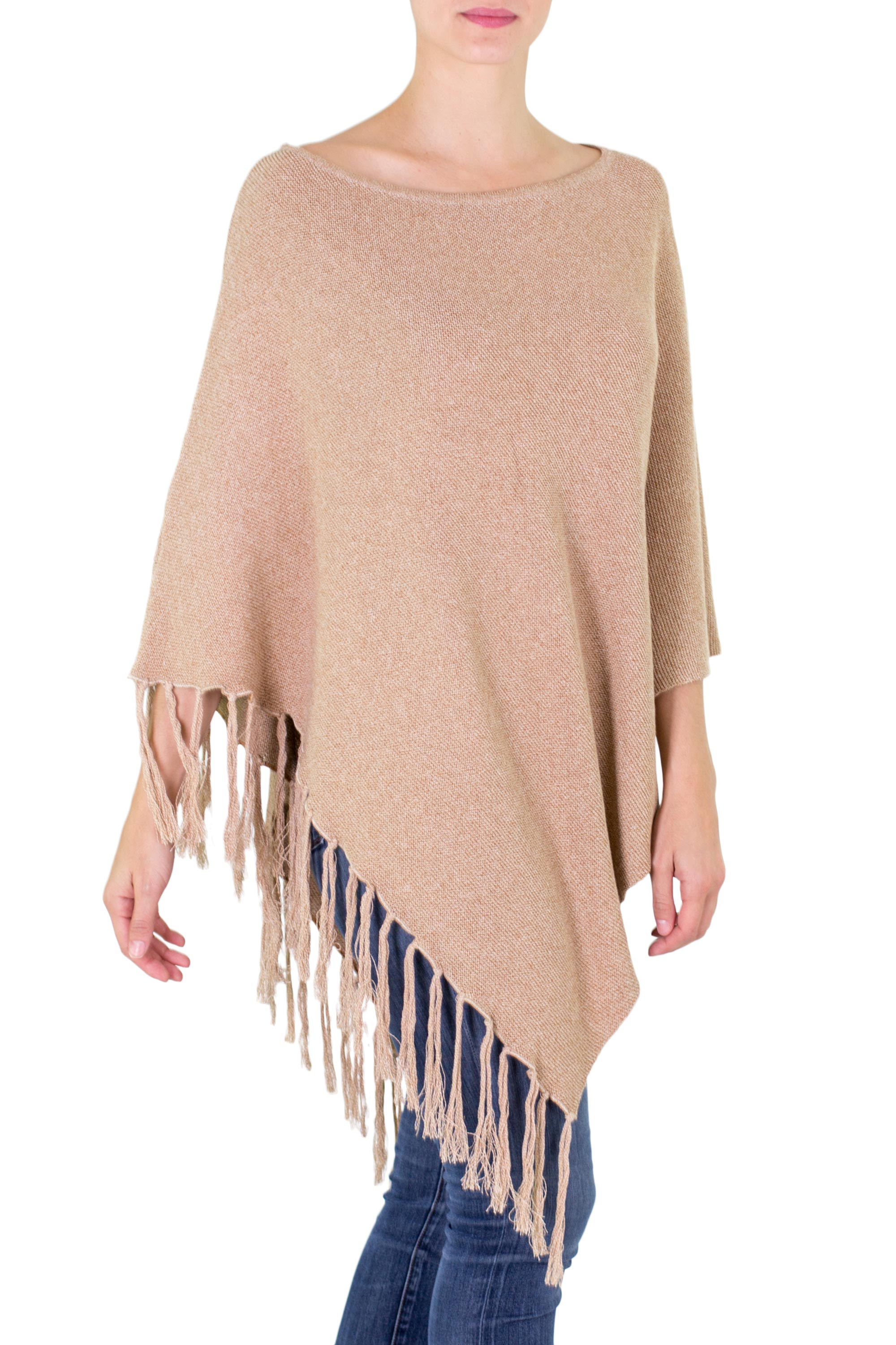 Cotton Poncho with Fringe and Tan Color from Guatemala - Spontaneous ...