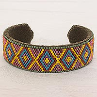 Glass Beaded Cuff Bracelet Hexagon Motif from El Salvador - Pacific ...