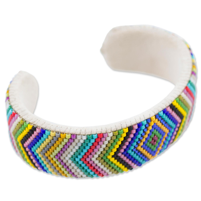 Beaded cuff bracelet, 'Sun's Path' - Glass Beaded Cuff Bracelet Rhombus Motif from El Salvador