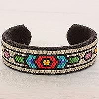 Beaded cuff bracelet, 'Pacific Flower' - Glass Beaded Cuff Bracelet Hexagon Motif from El Salvador
