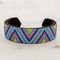 Beaded cuff bracelet, 'Solar Radiance' - Glass Beaded Cuff Bracelet Zigzag Motif from El Salvador