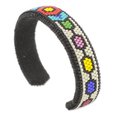 Beaded cuff bracelet, 'Floral Pacific' - Glass Beaded Cuff Bracelet Hexagon Motif from El Salvador