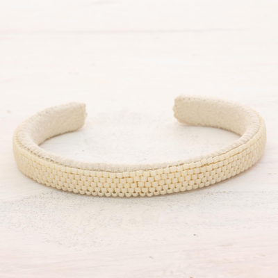 Beaded cuff bracelet, 'Antique White Horizon' - Glass Beaded Cuff Bracelet in Antique White from El Salvador