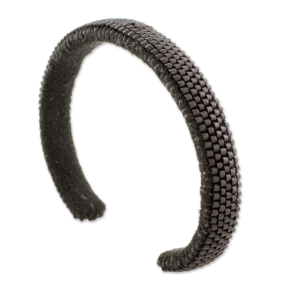 Beaded cuff bracelet, 'Beautiful Horizon in Black' - Glass Beaded Cuff Bracelet in Solid Black from El Salvador