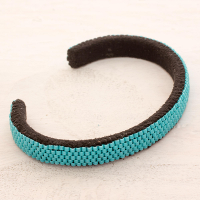 Beaded cuff bracelet, 'Beautiful Horizon in Blue' - Glass Beaded Cuff Bracelet in Solid Blue from El Salvador