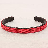 Beaded cuff bracelet, 'Beautiful Horizon in Scarlet' - Glass Beaded Cuff Bracelet in Solid Scarlet from El Salvador