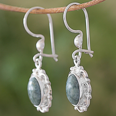 Jade dangle earrings, 'Woodland Princess' - Jade Sterling Silver Oval Shape Dangle Earrings Guatemala