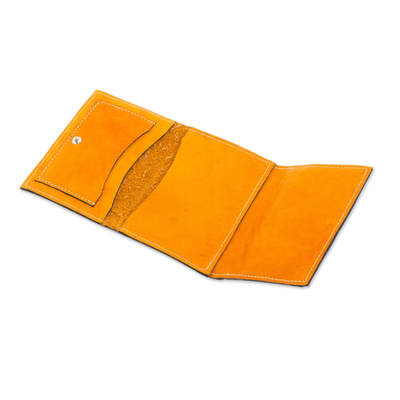 Leather wallet, 'Living Culture' - Saffron Colored Leather Wallet with Snap Closure