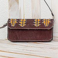 Leather sling, 'Madrone in Brown' - Brown and Saffron Leather Sling Style Handbag