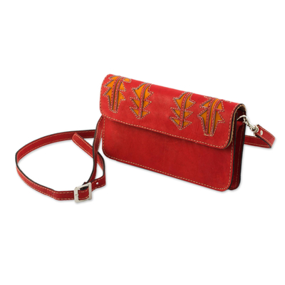 Leather sling, 'Madrone in Scarlet' - Bright Scarlet Leather Sling Bag Handmade in Nicaragua