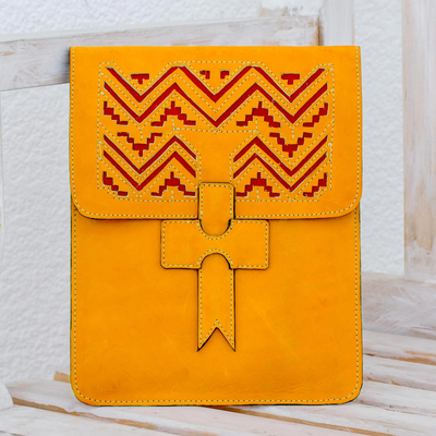 Leather portfolio, 'Lines of Time' - Handcrafted Leather Portfolio in Sunrise from Nicaragua