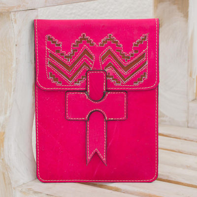 Leather portfolio, 'Ancient Zigzags' - Handcrafted Leather Portfolio in Cerise from Nicaragua