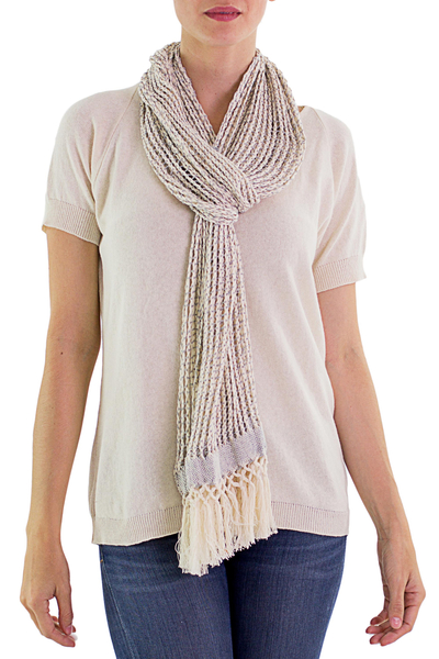 Cotton scarf, 'Subtle Illusion' - Hand Woven Recycled Cotton Scarf Champagne from Guatemala