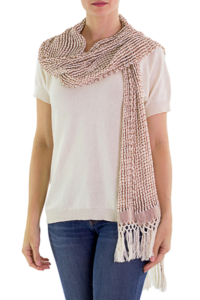 Natural cotton scarf, 'Subtle Illusion in Sepia' - Hand Woven Cotton Scarf Champagne Sepia from Guatemala