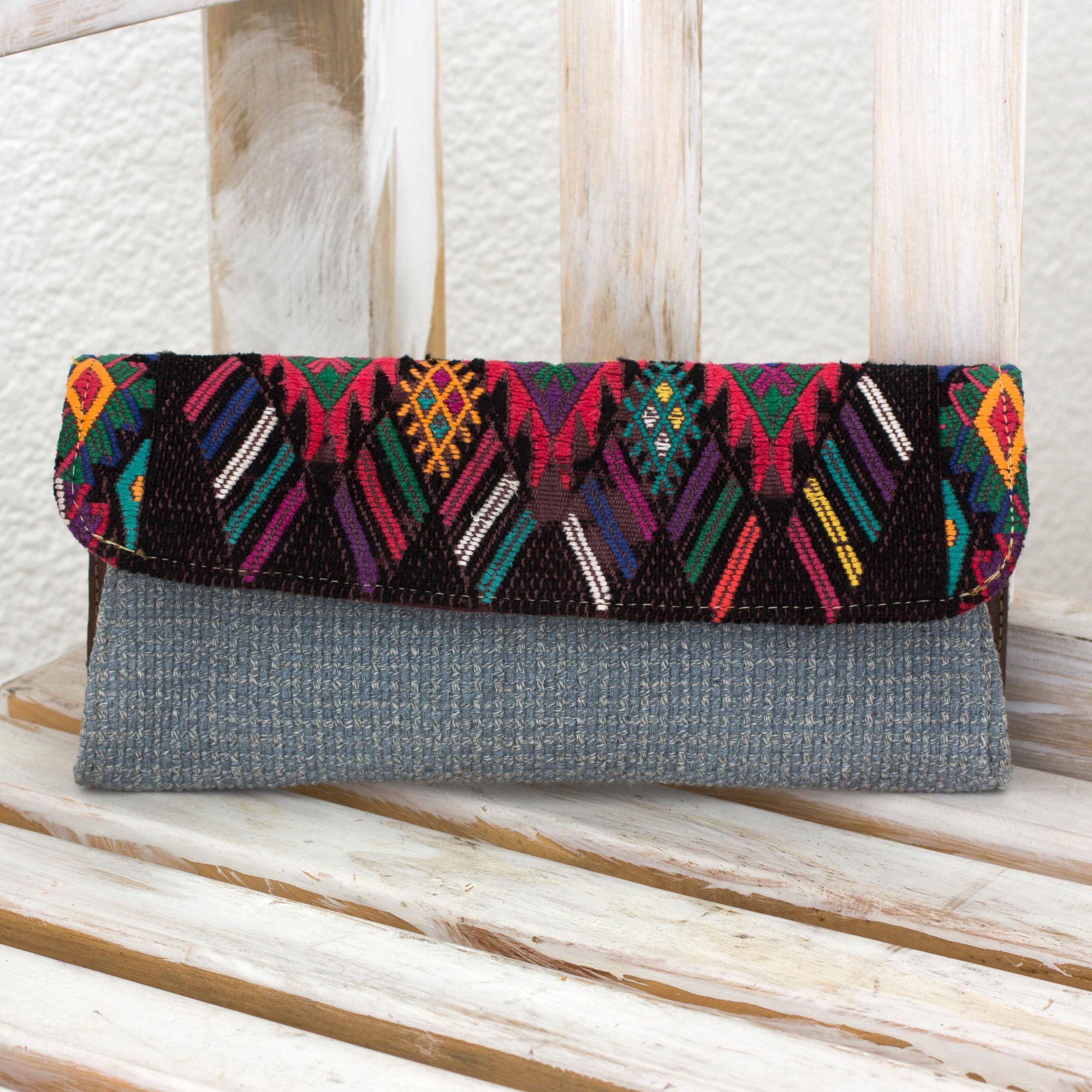 Hand Woven Cotton Clutch in Blue/Multi Guatemala Mayan Figures NOVICA