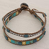 Beaded wristband bracelet, 'Teal Beach' - Hand Made Beaded Wristband Bracelet Teal from Guatemala