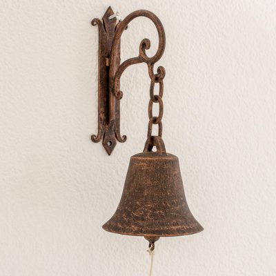 Antique Style Iron Bell With Jute Cord Copper Color On Black Iron Wall Bell Of San Francisco Antique Style With