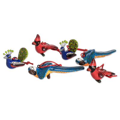Ceramic ornaments, 'Colorful Plumage' (set of 6) - Ceramic Cardinal Parrot Peacock Ornament Set of 6 Guatemala