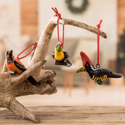 Ceramic ornaments, 'The Wild Life' (set of 6) - Ceramic Oriole Toucan Woodpecker Ornaments 6 Guatemala