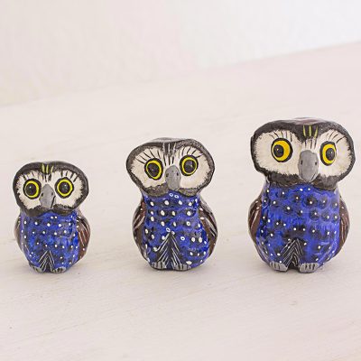 Blue Ceramic Owl Accents Set Of 3 From Guatemala Wisdom And Luck Ceramic Sculptures Wisdom And Luck In Blue Set Of 3