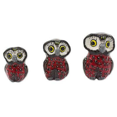 Ceramic sculptures, 'Wisdom and Luck in Red' (set of 3) - Red Ceramic Owl Accents (Set of 3) from Guatemala