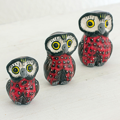 Ceramic sculptures, 'Wisdom and Luck in Red' (set of 3) - Red Ceramic Owl Accents (Set of 3) from Guatemala