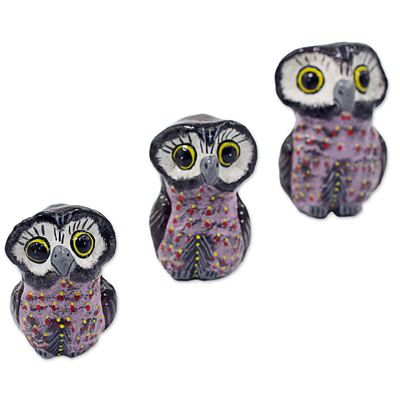 Ceramic sculptures, 'Wisdom and Luck in Lavender' (set of 3) - Lavender Ceramic Owl sculptures Set of 3 from Guatemala