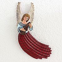 Ceramic wall sculpture, 'Between the Clouds' - Ceramic Wall Sculpture of an Angel with Guitar Guatemala