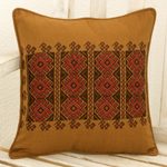 Cotton cushion cover, 'Mountain Sun' - Chili Suns Chocolate Birds on Cinnamon Cotton Cushion Cover