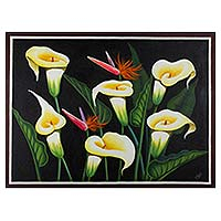 „Calla-Lilien“ – Blumengemälde von Calla-Lilien und Paradiesvögeln, signiert